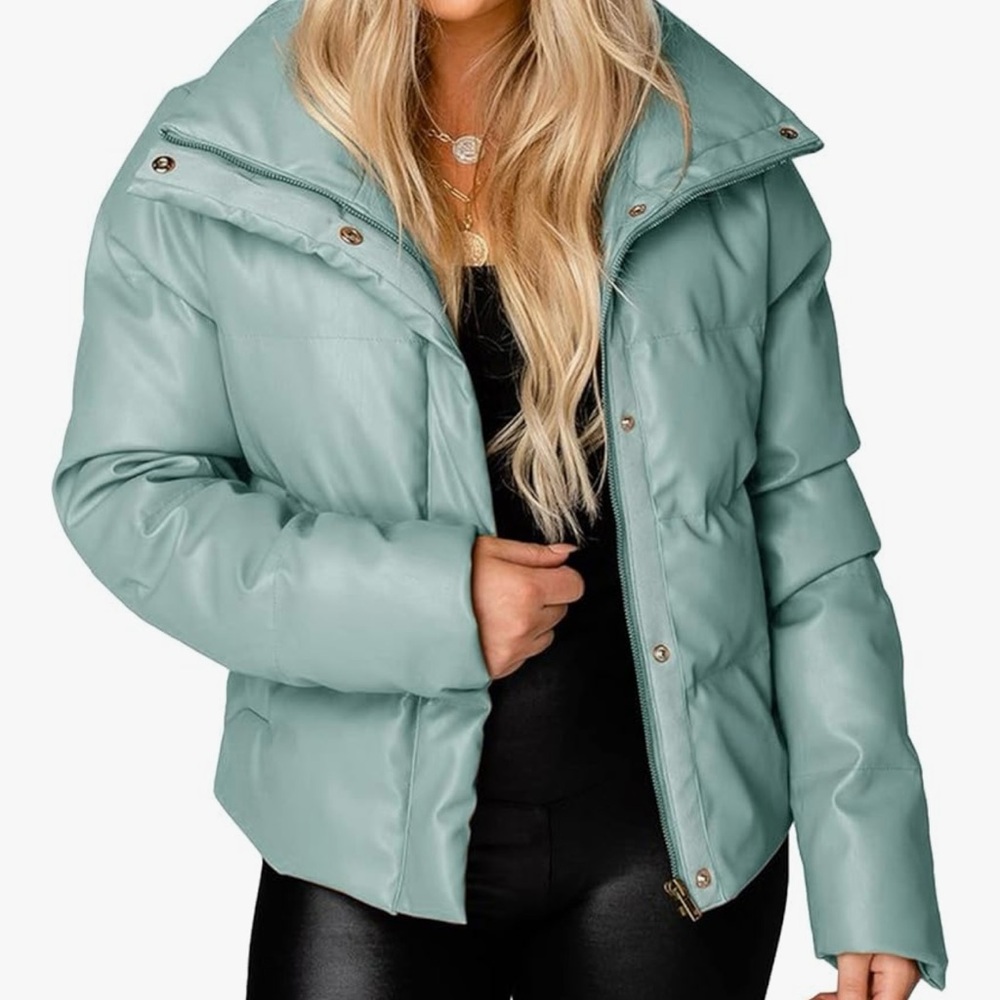 Women's Teal Faux Leather Puffer Jacket